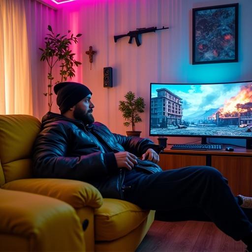 An attractive muscular man relaxes on a yellow couch. He wears a black beanie and leather jacket. The room has a futuristic design with neon lights. An AK-47 is displayed on the wall. The background shows a burning building. High-tech gadgets surround the area, creating a cyberpunk atmosphere.