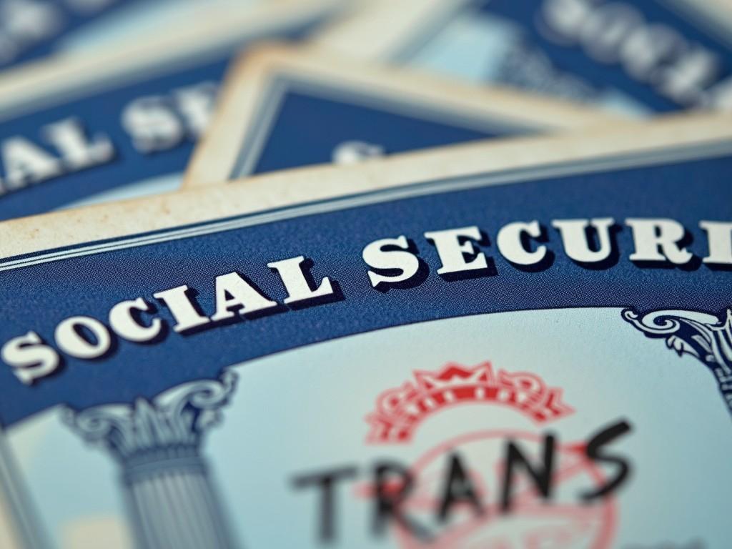 The image showcases several social security cards stacked together. The focus is on the prominent text 'SOCIAL SECURITY' at the top of the cards. Each card features a light blue background with intricate borders. The word 'TRANS' is visibly handwritten on one of the cards. The soft lighting enhances the details of the cards, making the information clear. This image is representative of personal identification and financial security.