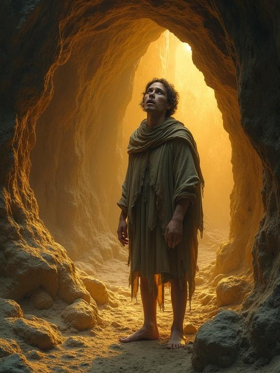 Cave portrait of a figure expressing disappointment and astonishment. The figure stands in a swirling landscape with warm amber and gold hues. Abstract patterns in the background enhance a surreal atmosphere.