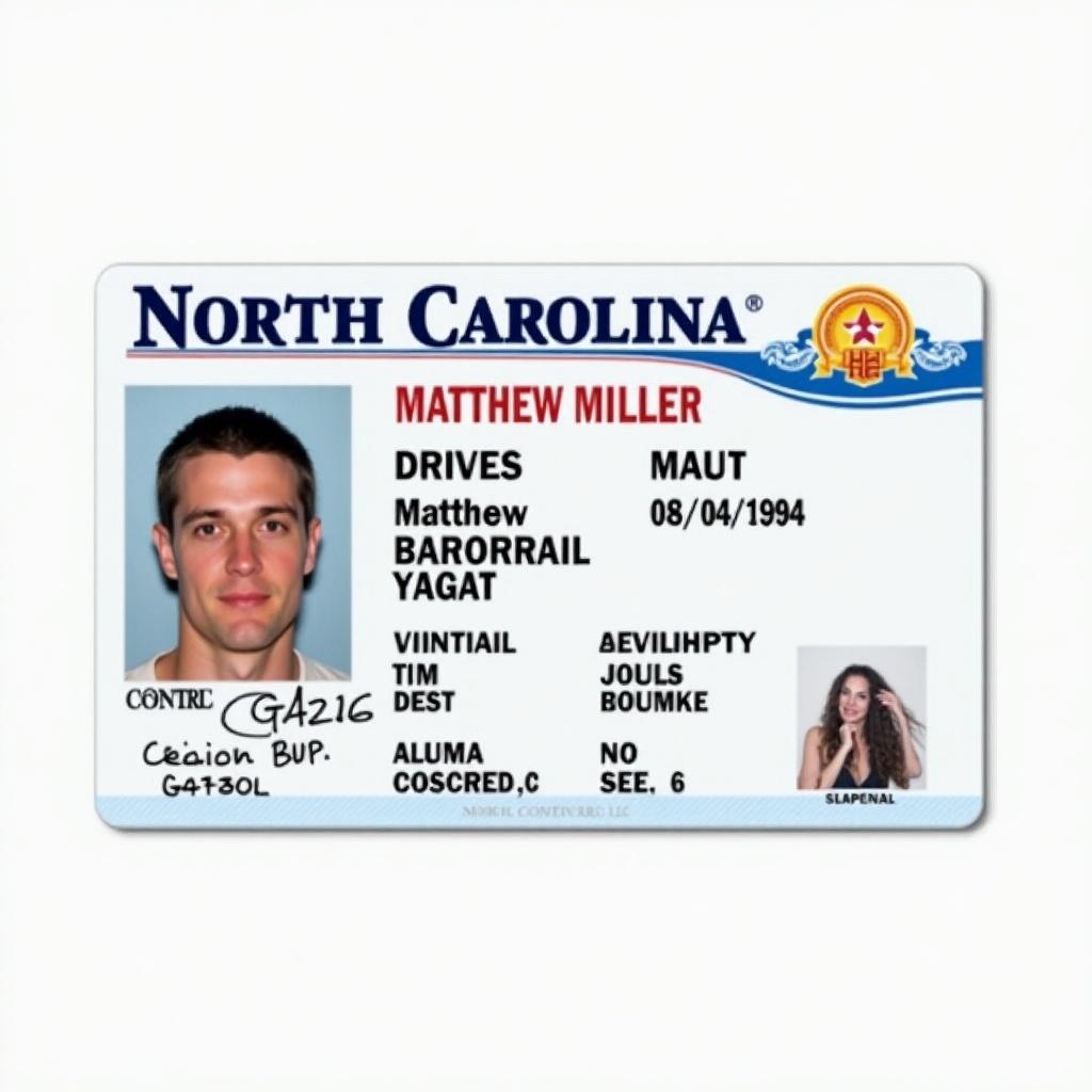 Image shows North Carolina driver license card, Name on card is Matthew Miller, Age is 30 years, Birth date 08/04/1994, Official government-style layout, Clear headshot of male individual, Clean and visually appealing design for verification.