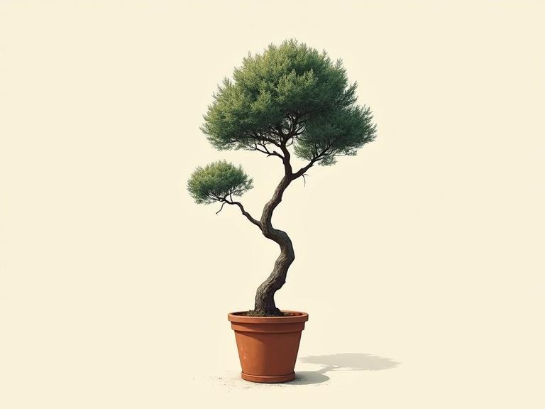 Modern screen printed poster art illustration of a miniature tree. Realistic and high contrast with harsh lighting. The tree has long curvy branches. Very simple background. The tree's trunk is highly asymmetric and leans. Sparse clumpy leaves. Rests in a simple clay pot.