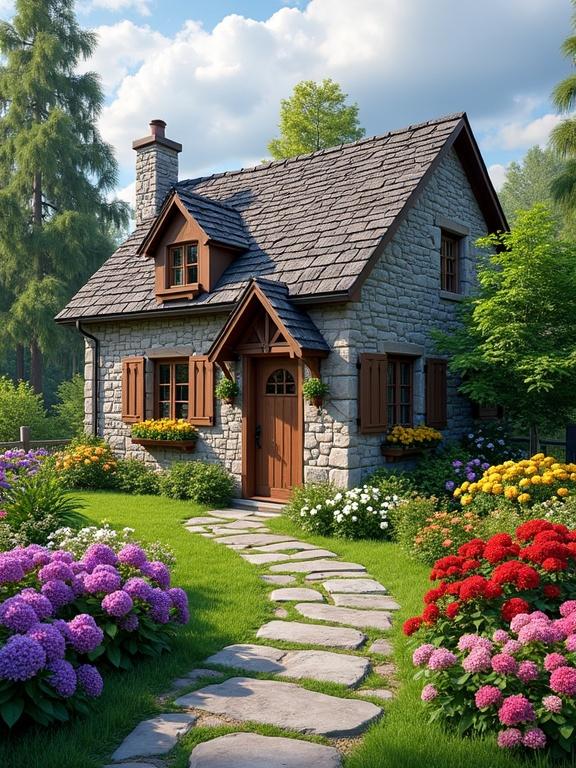 Stone cottage in a vibrant garden with colorful flowers. Rustic design with gray stone walls and a steeply pitched roof. Brown wooden shutters and flower boxes. Pathway made of stone leading up to the cottage. Lush greenery and trees in the background. Partly cloudy sky above.