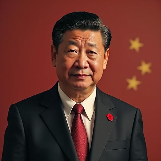 Portrait of Xi Jinping with a serious demeanor. Background includes elements of Chinese symbolism. Red and warm tones. Focus on the subject's expression. Suit and tie attire.