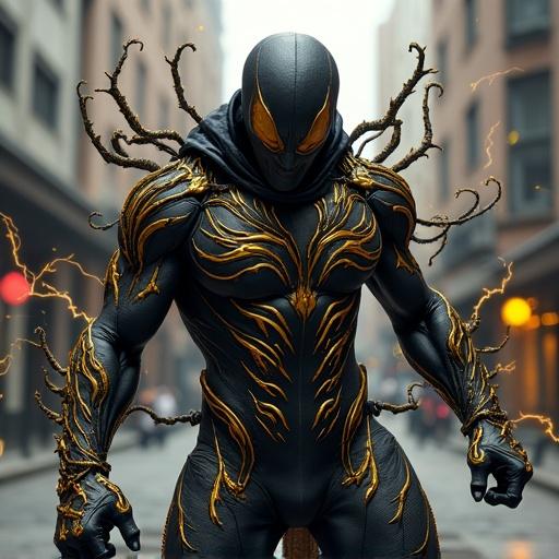 Realistic full-body image of a tall, strong man in attack pose. Man wears a black and gold suit with tendrils. Intense eyes, electricity surrounds him. Set in urban area with natural light.
