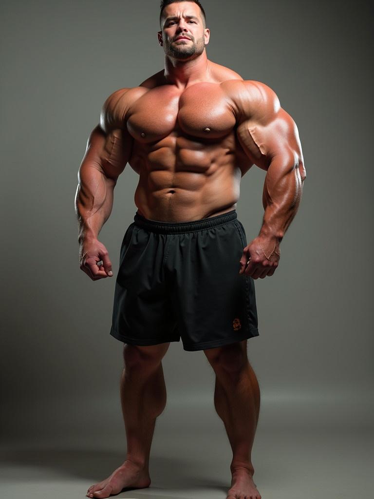 Image of a muscular bodybuilder standing in a strong pose. Bodybuilder is 5 feet 11 inches tall and weighs 110 kilograms. Bodybuilder has a well-defined muscular physique and is wearing black shorts.