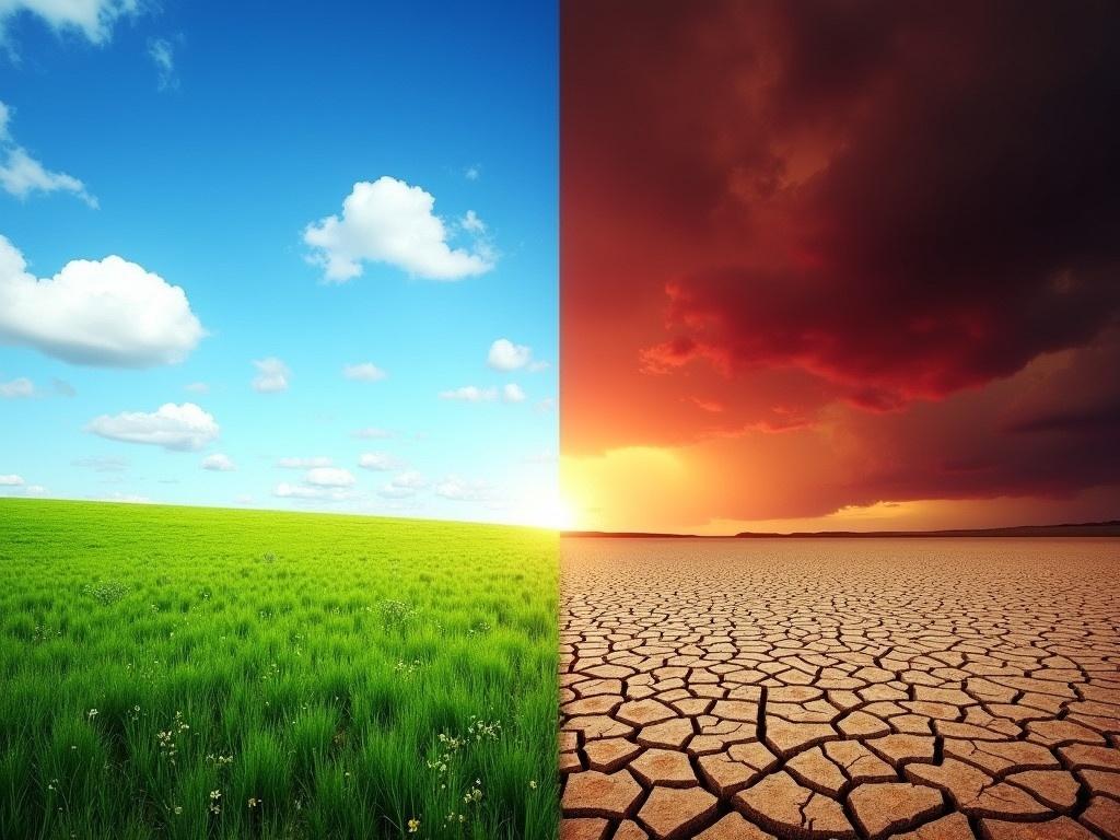 The image is a split-screen representation of two contrasting environments. The left side shows a vibrant, green grassy field under a bright blue sky with scattered white clouds. This symbolizes a healthy and thriving ecosystem. In stark contrast, the right side depicts a barren, cracked, and dry land under a dark, ominous red sky with heavy clouds. This symbolizes a drought-stricken or devastated environment. This striking visual highlights the effects of climate change or environmental degradation.