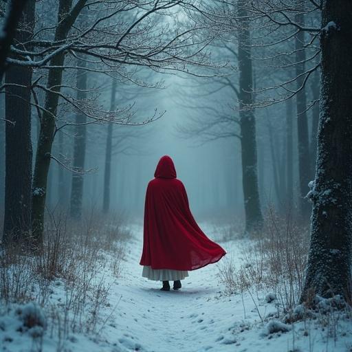 A girl wears a red cloak in a snowy forest. Trees surround the path. Fog creates a mystical atmosphere. A fairy tale scene evocative of Little Red Riding Hood.