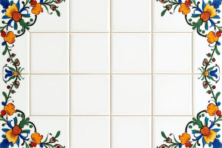Design a large rectangular mosaic of shiny white tiles arranged in a neat grid. 30x10 tiles. Include a decorative border inspired by Andalusian floral motifs at the edges. Use stylized flowers leaves and vines in vibrant colors like blue yellow green and red. Maintain a typical Andalusian ceramics style. The border should be symmetrical and detailed contrasting with the central white background. Evoke elegance tradition and Andalusian craftsmanship with a clean and comfortable look.