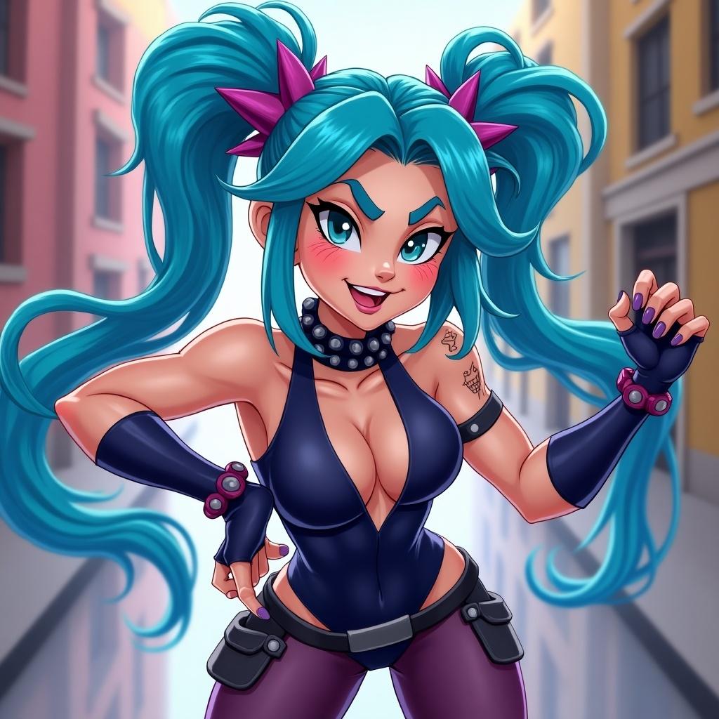 The image features a vibrant character with teal hair styled in pigtails, showcasing a confident pose. She wears a revealing, dark outfit that highlights her figure and personality. The background suggests an urban setting, adding to her edgy vibe. Her makeup and accessories reveal a playful yet rebellious character. The overall color scheme is bright and engaging, enhancing her animated appearance.