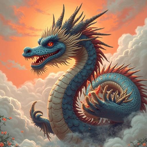 A vibrant blue dragon soaring through a colorful sunset sky with clouds. The dragon features sharp scales and a fierce expression. The scene evokes a sense of wonder and fantasy, focusing on the dynamic movement of the dragon, with a bright and captivating background.