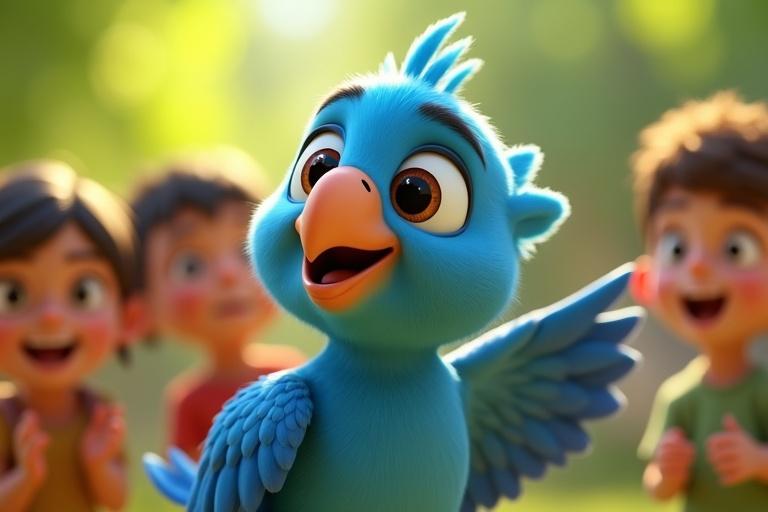 A bright scene displaying a blue parrot named Neela with expressive eyes. Neela has detailed feathers and a cheerful smile while singing. Children are clapping joyfully in the background. The setting includes vibrant greens and sunlight creating a lively atmosphere.