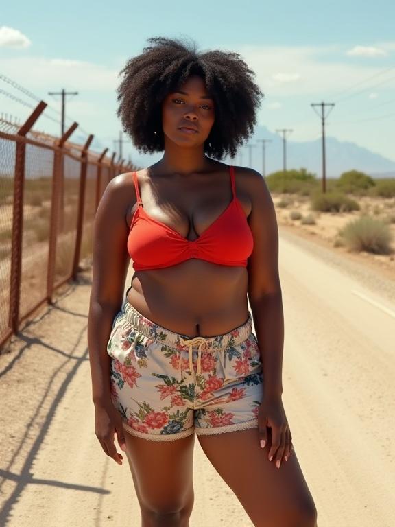 Curvy black woman stands confidently in a red bikini top and floral shorts. Background features a dusty desert road and rusty chain-link fence. Bright sunshine casts warm tones across the scene. An expression of tired alertness on her face. Photography captures a moment in outdoor leisure with emphasis on self-confidence and style.