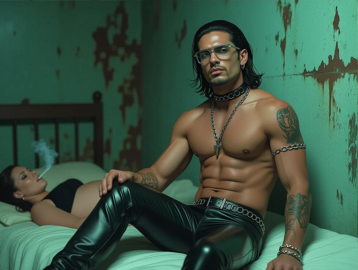 A hyperrealistic Gothic scene featuring a muscular dark-skinned Latino man. He has long black hair and wears a black choker with chains, latex pants and leather boots. The setting is a dimly lit, run-down room with rusty walls. A pregnant woman lies on the bed smoking. Clear glasses are worn by the man. The photo captures washed-out colors and green tones with a focus on color contrast.