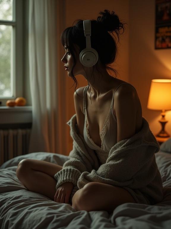 Photorealistic depiction of a young woman seated on an unmade bed in a dimly lit room. She has dark hair in a bun, warm light creates soft shadows. Wearing an oversized silk top with a deep V neckline, a wool cardigan on her forearms. Posture is quiet and pensive, conveying inner turmoil. Vintage headphones on her head, crossing her legs. Nearby items include vinyl records, a tape recorder, and handwritten notes. Walls are adorned with concert posters. Background fades into shadow.