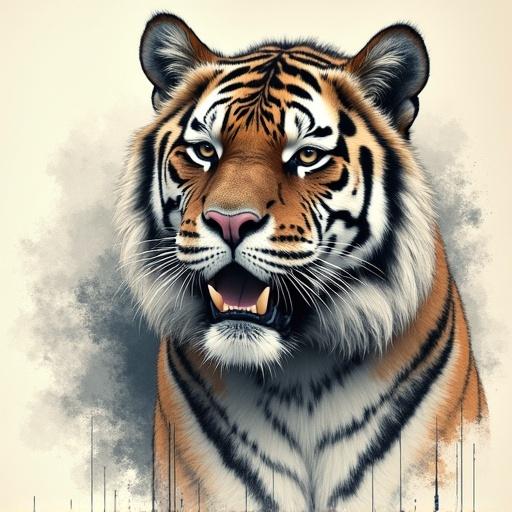 Image of a tiger printed on paper resembling dot matrix printing. Tiger's face shown clearly with distinct stripes and fierce expression.