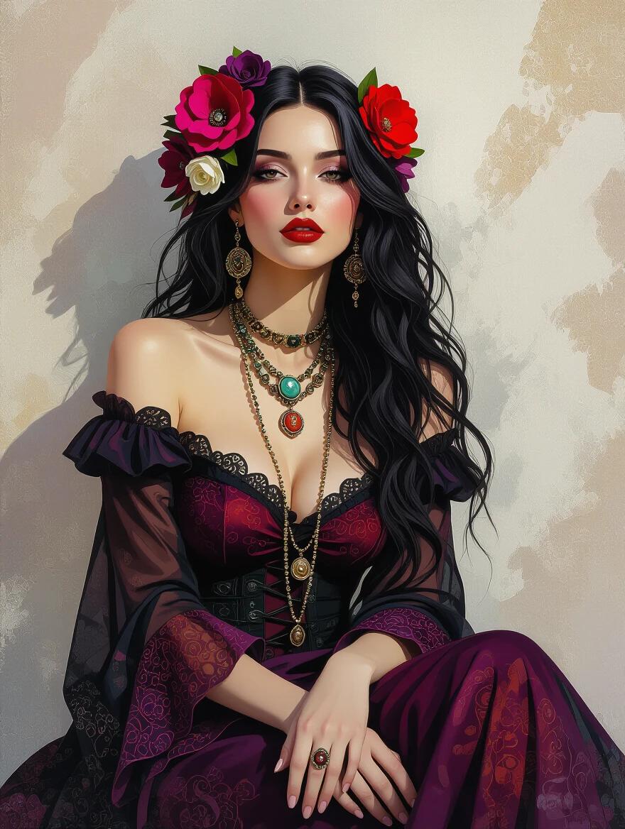 Full body depiction of a gypsy woman. Ethereal features with abstract elements. Glamorous mixed media style. Wearing colorful attire and floral accessories.