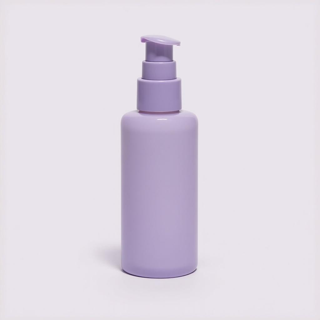 This image features a lavender foundation bottle with a pump cap, designed for easy dispensing. The bottle has a sleek, modern shape and is made of glossy plastic. The soft lavender hue gives it a calming and appealing aesthetic. The background is minimalistic, allowing the product to stand out. This image can be used to showcase beauty products in advertisements or online stores.