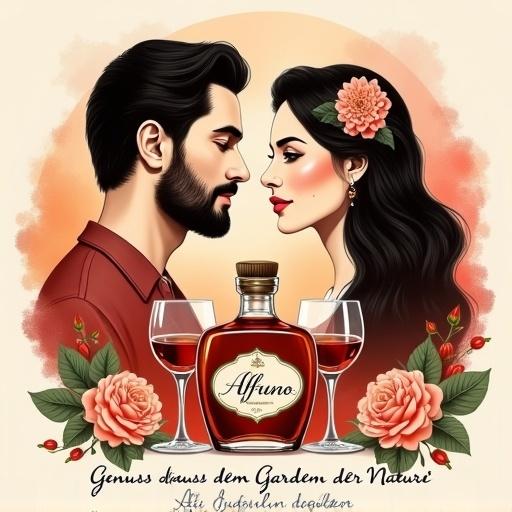 Stylized illustration of a man and a woman facing each other. Both hold a glass of liquor. Man has dark hair and beard. Woman has long dark hair with floral accessory. Background features watercolor orange and red hues. Lower bottle labeled 'Alfruno' flanked by two glasses. Text in German at the bottom. Symmetrical layout with floral elements framing corners. Artistic and romantic style.