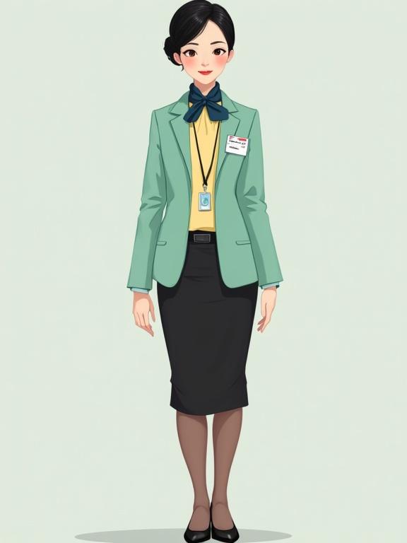 Character illustration of a late-20s East Asian female airport ground staff in a professional uniform. The outfit features a pastel-yellow chiffon blouse and a mint-green blazer. She wears a black pencil skirt and black closed-toe low-heel pumps. Her hair is styled in a bun and she has light makeup with red lips, smiling sincerely. A name tag is pinned on her blazer, with a black lanyard holding her ID badge. A dark-blue gingham scarf is tied in a small knot around her neck, tucked under her collar. The image shows her from head to toe.