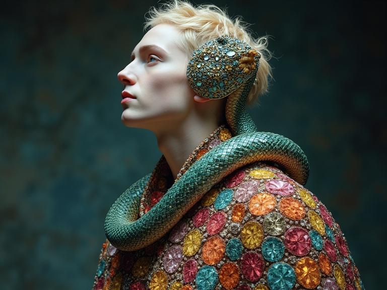 Highly detailed rendering of a dark fantasy cosmic interstellar healer with a male figure. Full body portrait wearing a colorful gemstone bejeweled cape. Features a snake wrapped around the neck. Mythological composition using polymorphic elements. Decorative themes based on sacred geometry and vibrant colors. Inspiration from various renowned artists. Porcelain pale skin and liana-like elements in the design.
