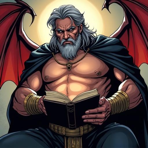 Demon priest reading a bible. The character is muscular and has gray hair. Comic style artwork with clean lighting and vibrant colors. The attire features distinct demonic elements and minerals like gold. The character presents an intriguing supernatural theme.