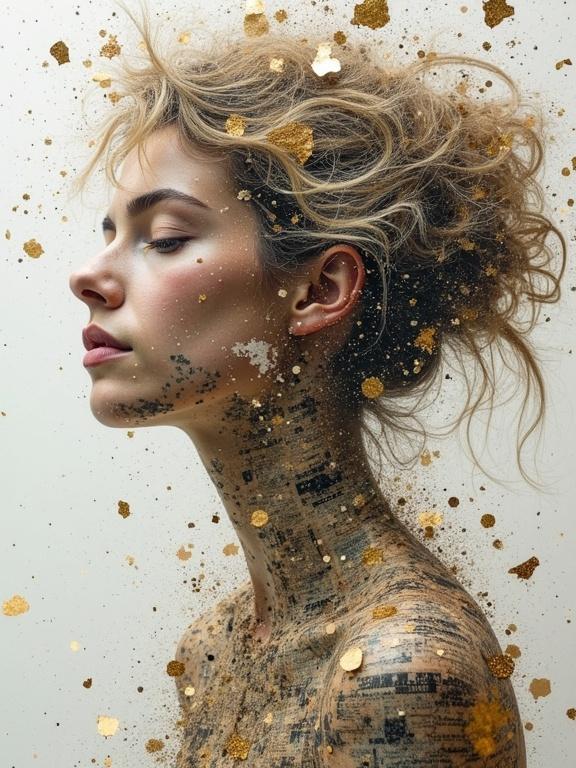 Double exposure portrait of a woman with mixed media elements. Incorporates textures like newspaper, jute fibers, wood, and glittering confetti. Creates a stunning and magical composition. Emanates depth and surface feel with luminous colors.