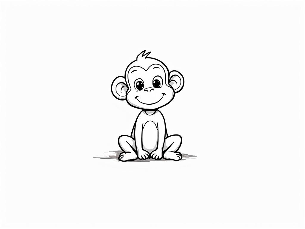 The image features a delightful cartoon-style illustration of a smiling monkey sitting down. The monkey is drawn in a simple black and white outline, showcasing its expressive eyes and playful demeanor. Its cute appearance makes it ideal for children's materials or lighthearted themes.
