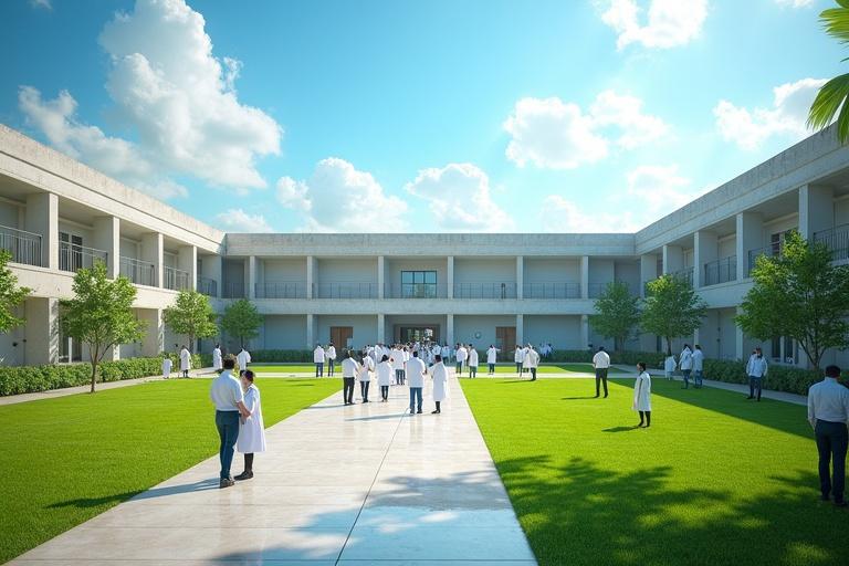 3D scene of a DRDO campus courtyard in bright daylight with many workers including scientists in white coats. Vibrant colors present with the focus on green lawns and blue skies.