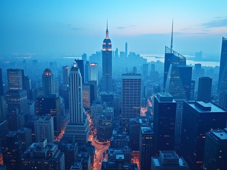 Aerial view of a city skyline during the day with a blue pixel filter applied. Buildings displayed prominently including the Empire State Building.