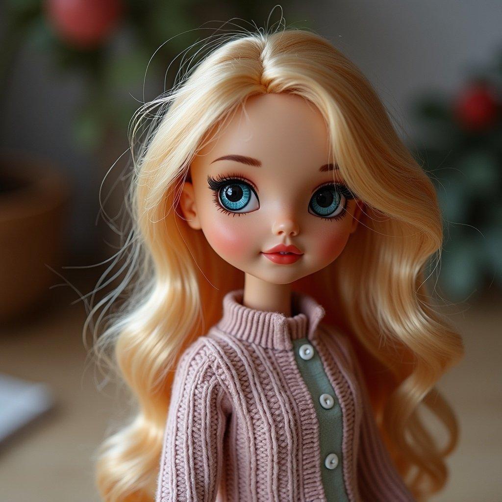 Doll with blonde hair styled in soft waves wearing a knitted cardigan