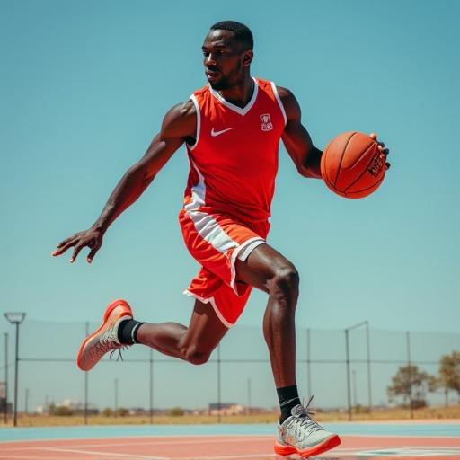 Hyper detailed sport photography featuring a basketball player in action. The player wears a basketball uniform and is depicted dribbling a basketball on a court during daytime with a clear sky. The image emphasizes athleticism and dynamic movement, showcasing the body's physicality.