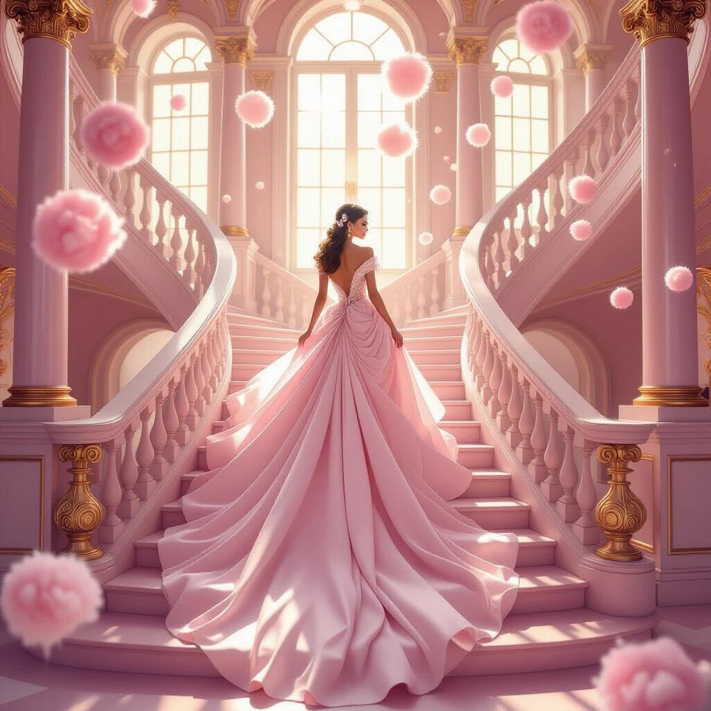 A stunning figure descends a grand staircase. She wears a lavish gown of flowing pink and white fabric. The scene features ornate pillars and golden accents. Fluffy decorations float in soft sunlight. The atmosphere is romantic and enchanting. The setting creates a dreamlike narrative of grace and beauty.