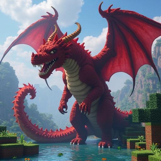 A large dragon resembling the end dragon from a popular video game stands majestically beside a vibrant river surrounded by lush greenery and mountains in the background.