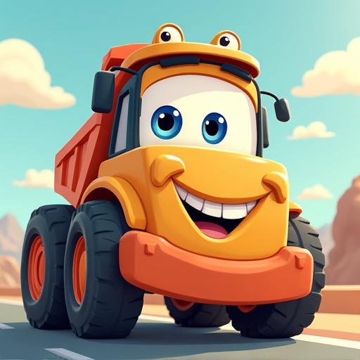 Cartoon-style image showcasing a character named Bumper. Bumper is a friendly dump truck designed for children, featuring bright colors and a big smile.