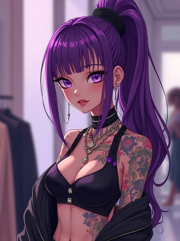 Anime character displays edgy streetwear style. Young woman with amethyst purple hair and eyes. Boutique background featuring modern aesthetics. Intricate tattoos adorn her body. Dressed in high-end urban outfits. Jewelry sparkles elegantly. Bright noon lighting showcases details. Focus on fashion and beauty elements.