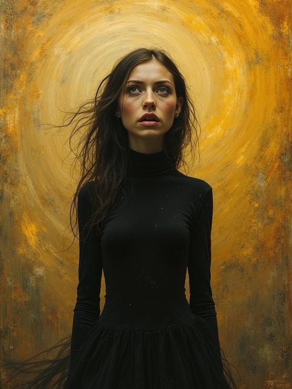 A breathtaking portrait features a figure with deep disappointment in an etherial glow. The subject stands against a textured background. The colors are warm amber and gold. Abstract patterns enhance the surreal atmosphere. Masterpiece with breathtaking sharpness and ultra-sharp style.