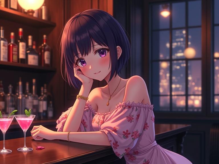 Anime illustration of a woman with short dark violet hair and expressive violet eyes. Thoughtful expression with slight smile at a bar counter. Wearing an elegant pink off-the-shoulder dress with floral patterns. Sophisticated dimly lit bar environment with cocktails and cityscape view. Soft warm lighting and intimate atmosphere. High-quality digital artwork with painterly touch and stylized features.