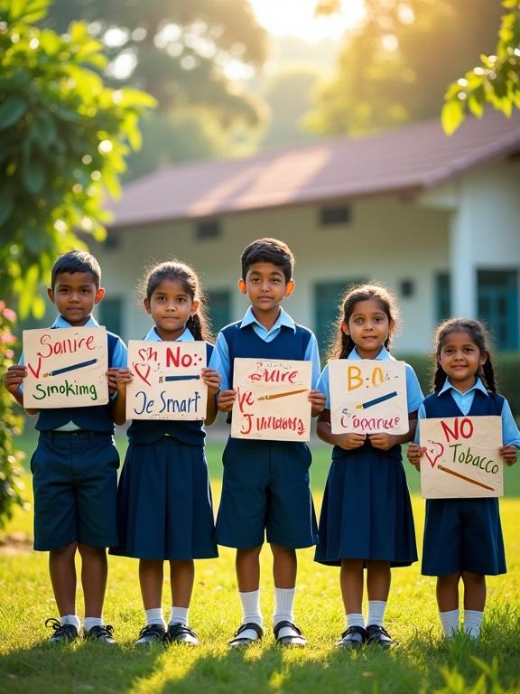 Group of five Kerala school children standing outdoors in a lush green garden filled with flowering plants. Neat Kerala-style school building in the background. Warm morning sunlight. Children dressed in light blue shirts and navy blue trousers. Handmade anti-smoking posters displayed.