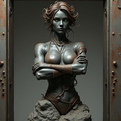 Digital illustration showcases a formidable female sculpture. Crafted from dark steel plates and bronze cables. Conveys raw strength and elegant curves. Sculpture stands confidently with arms crossed. Eyes radiate an intense gaze. Tousled hair formed from intricately woven metal strands. Rugged stone base adorned with metallic accents. Thick metal frame with gear and rivet details encases artwork. Highlights industrial aesthetic and sculpture's resilience.