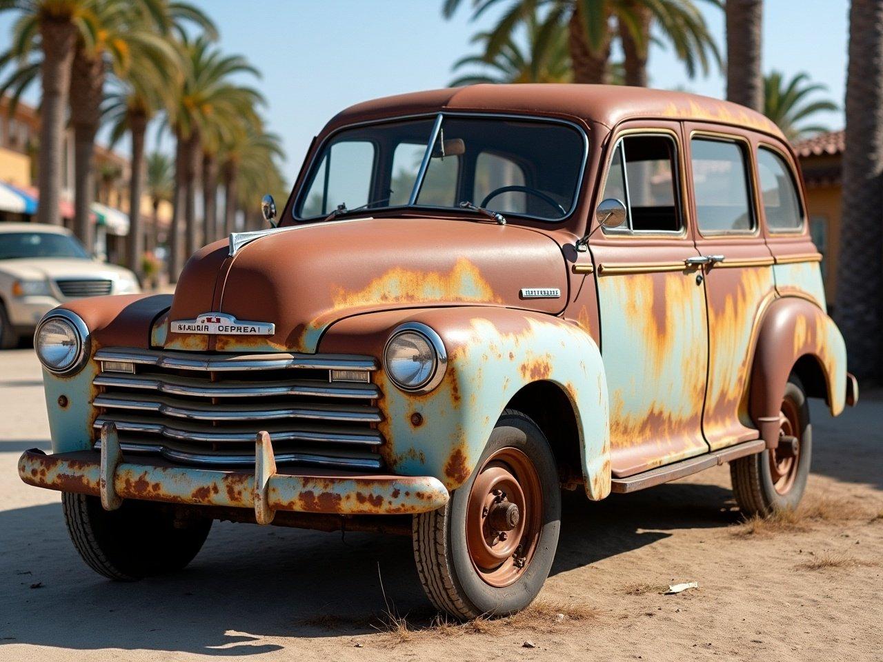 A rusty old car is parked in a sunny environment. The vehicle shows signs of wear and tear, with faded paint and visible rust spots. It has a vintage design, complete with a distinct grille and large windows. The surrounding area is lined with palm trees, adding a tropical vibe. The car's wheels are partially obscured, indicating it hasn't been used in some time. The overall scene has a nostalgic, retro feel.