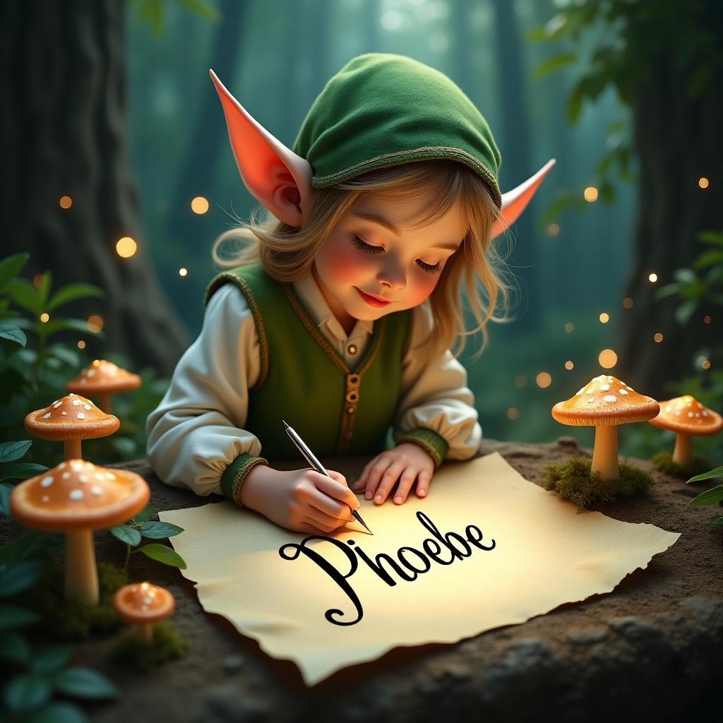 A young elf writing the name Phoebe on parchment. Lush forest background with mushrooms around.