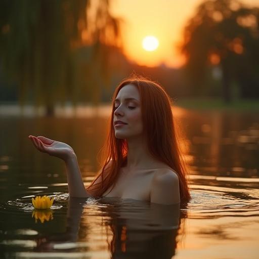 Serene portrait photograph of a woman with long auburn hair in a tranquil lake. Her eyes are closed and she smiles gently. Water ripples around her. Silhouetted willow trees are in the background at sunset. A yellow lily pad is near her hand. The atmosphere is dreamy and calming.