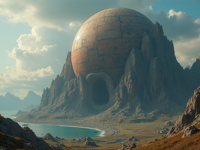 A surreal giant incredible survival base situated in a mountain landscape. The scene features a colossal spherical structure emerging from the terrain, surrounded by natural beauty. Soft sunlight bathes the area, creating a dreamlike atmosphere.