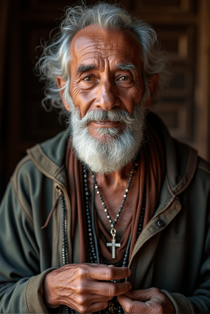 An elderly man with a white beard and gentle smile, wearing layered clothing and a cross necklace.