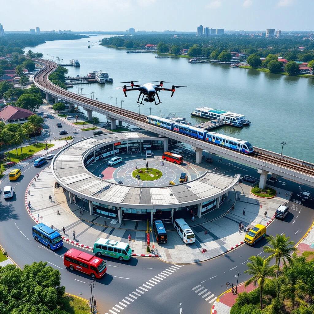 Aerial view of Vyttila Mobility Hub in Kochi, Kerala, India. Drone shot shows bus terminal, elevated metro rail, and water metro jetty. Only Phase-I features including 13 bay bus terminal, metro tracks, and dock by river visible. Bright midday natural light with minimal shadows. Photorealistic details of parked buses, metro train, and greenery. Full hub centered with surrounding roads and waterways visible. Authentic colors and textures without exaggeration.