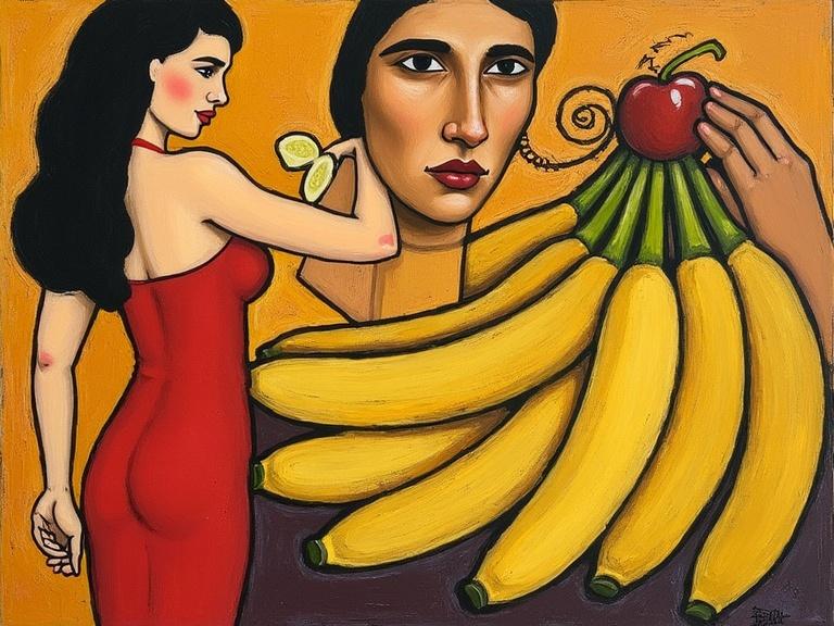 Klimt Esquisite Art titled Hot Labbra & Bananas. A focus on a cluster of yellow bananas against a dark background filled with bright flowers. The bananas are plump and contrasting with the floral accents.