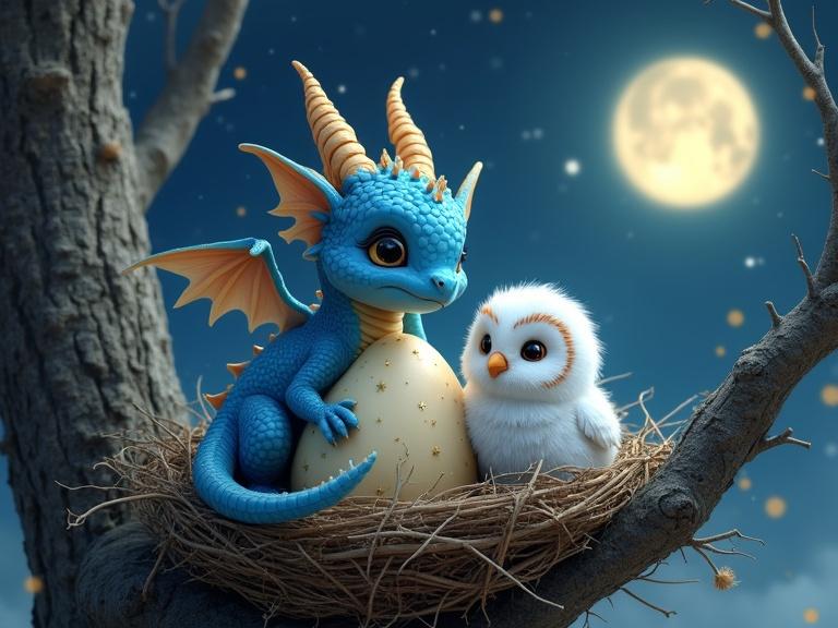 A blue dragon hatches from its egg in a nest. Fluffy snowy owl chicks are nearby. The owls express amazement at the dragon. A starry night with a full moon sets the scene. The nest is in the fork of an old tree. The style is whimsical and detailed.