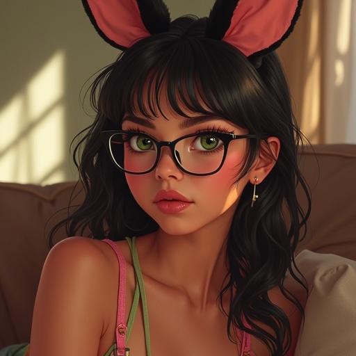 Bunnete girl relaxing in her room. She is wearing shorts and cute glasses. Her green eyes shine with style. Hair styled with character. Soft light fills the space. A cozy sofa serves as the background.