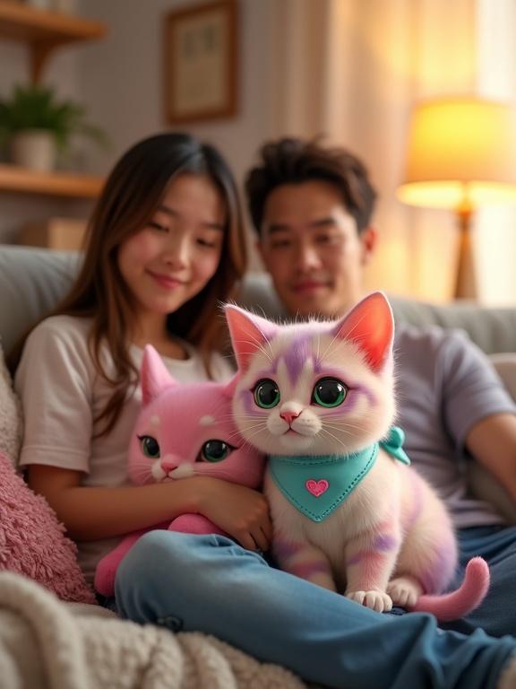 A couple with a baby sits on a couch in a cozy living room. The atmosphere is warm and inviting. Beside them is a fluffy kitten with pastel fur and green eyes. The kitten wears a blue bandana with a pink heart. The family exudes peace and joy. The setting symbolizes resilience and hope.