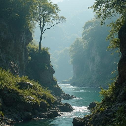 Breathtaking realistic fantasy scene with a winding river and lush greenery between cliffs.